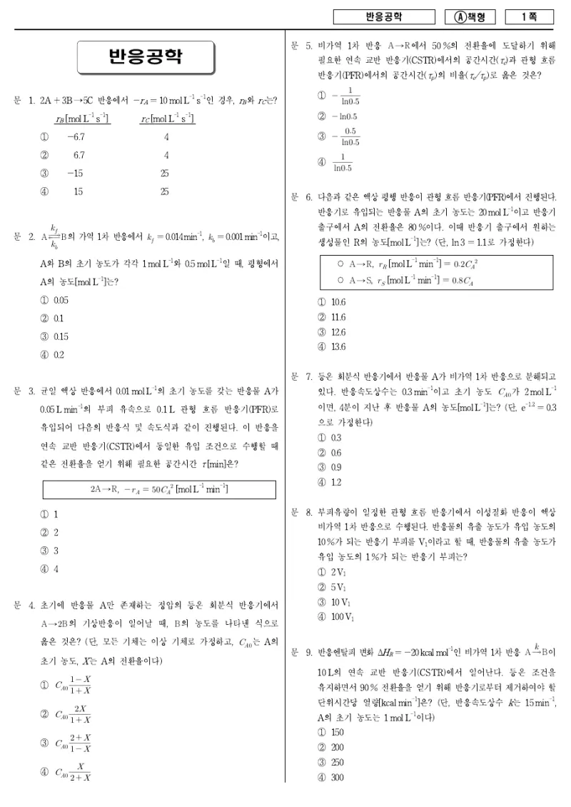 7급 국가직 반응공학 2014년 시험지 1쪽