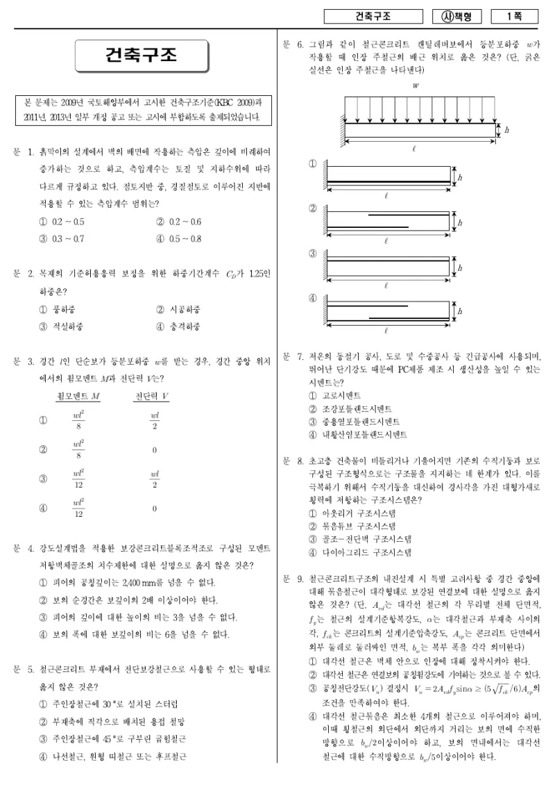 9급 국가직 건축구조 2015년 시험지 1쪽