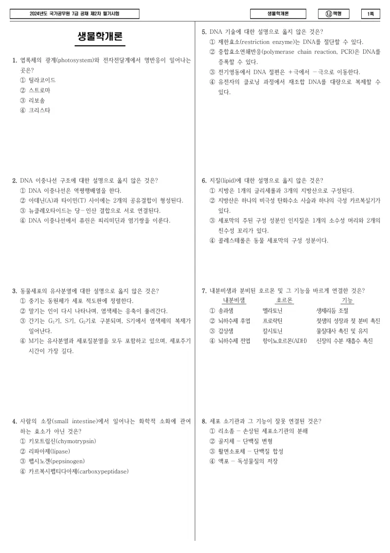 7급 국가직 생물학개론 2024년 시험지 1쪽