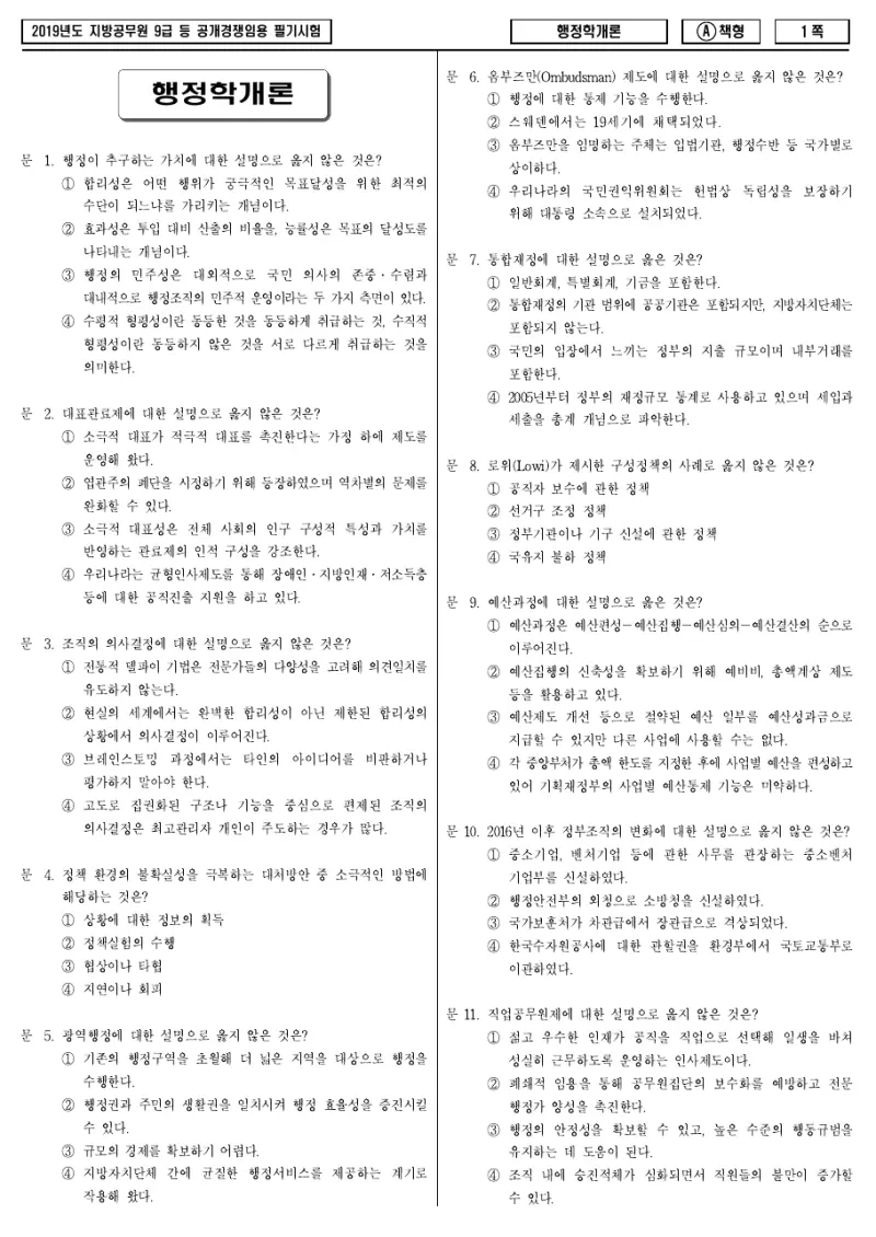 9급 지방직 행정학개론 2019년 시험지 1쪽