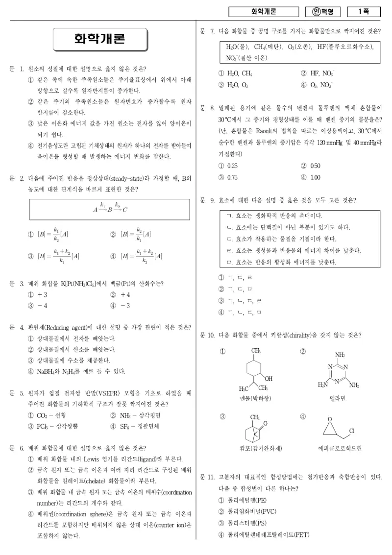 7급 국가직 화학개론 2012년 시험지 1쪽