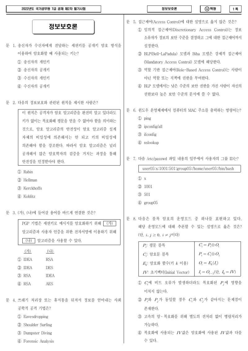 7급 국가직 정보보호론 2022년 시험지 1쪽