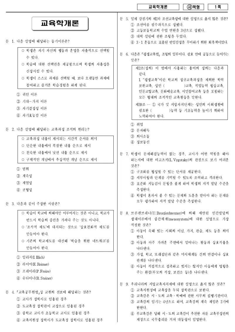 9급 국가직 교육학개론 2015년 시험지 1쪽