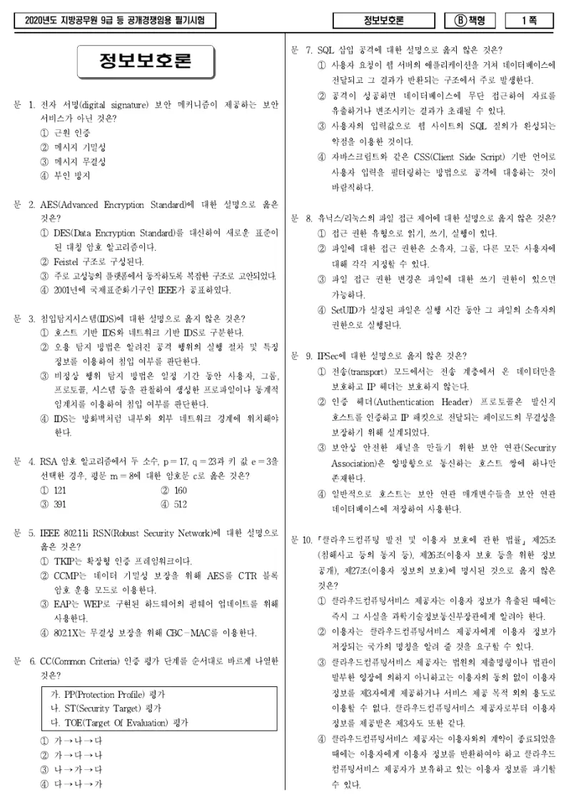 9급 지방직 정보보호론 2020년 시험지 1쪽