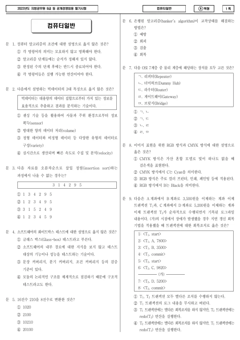 9급 지방직 컴퓨터일반 2022년 시험지 1쪽