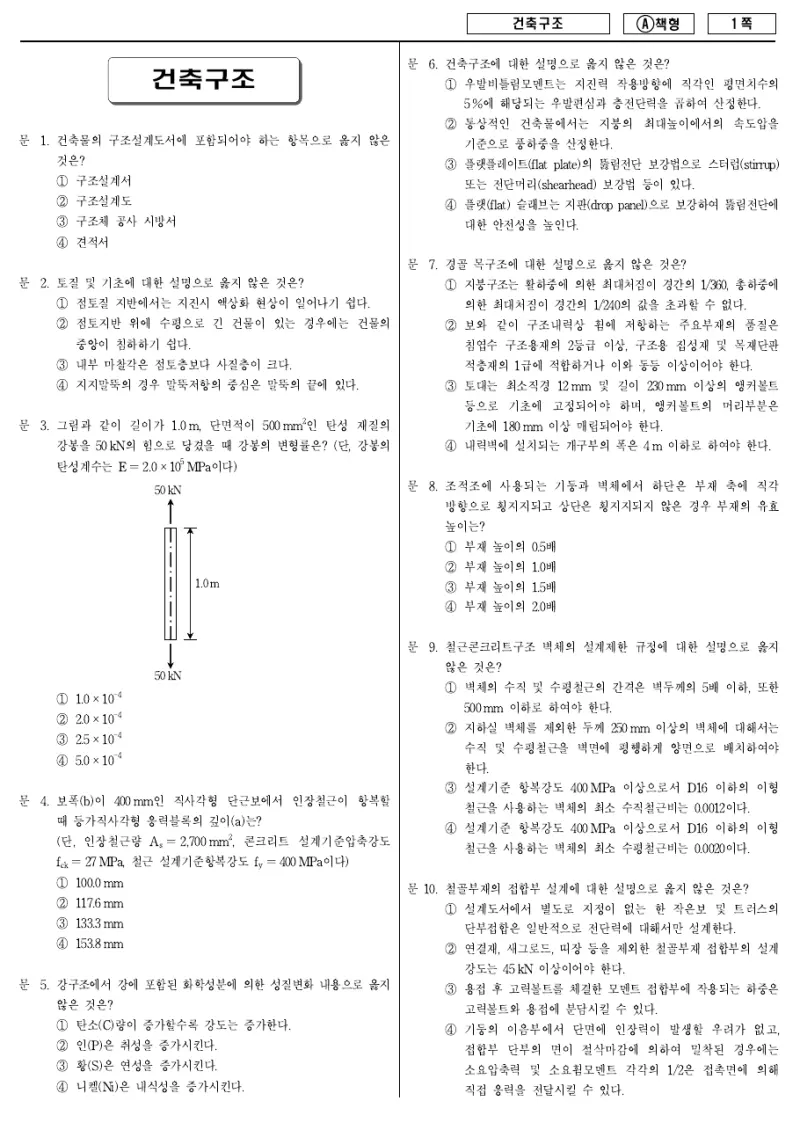 9급 지방직 건축구조 2011년 시험지 1쪽