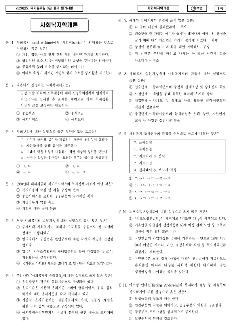 9급 국가직 사회복지학개론 2020년 시험지 1쪽
