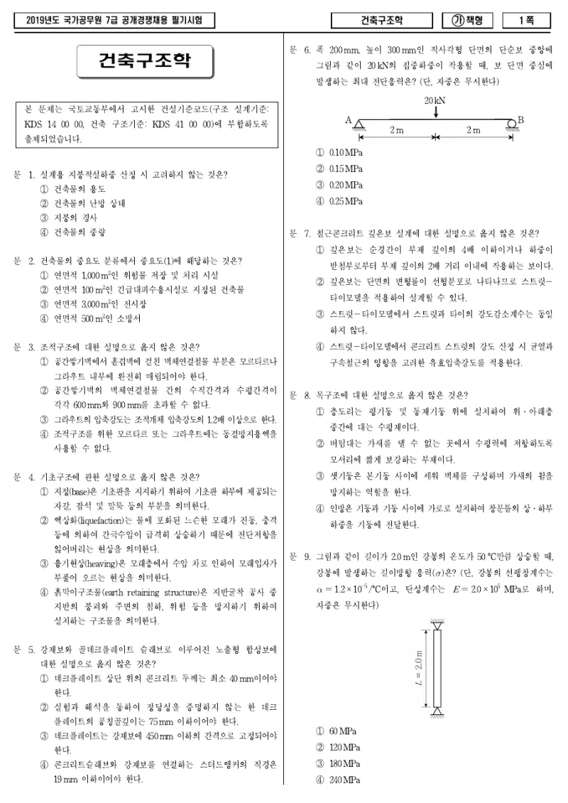 7급 국가직 건축구조학 2019년 시험지 1쪽