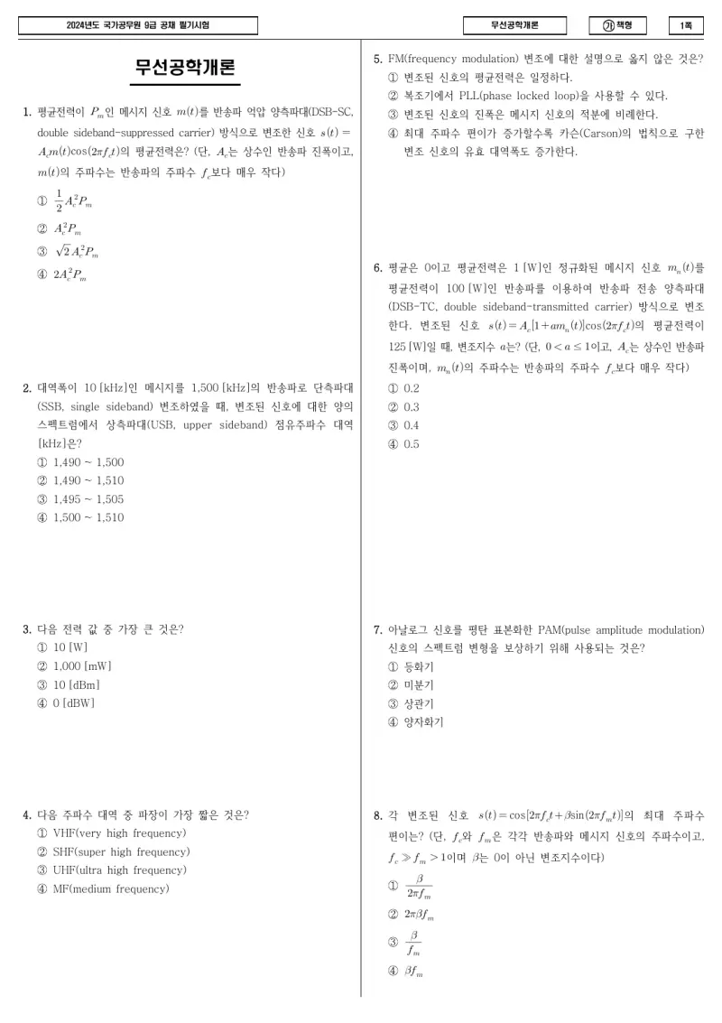 9급 국가직 무선공학개론 2024년 시험지 1쪽