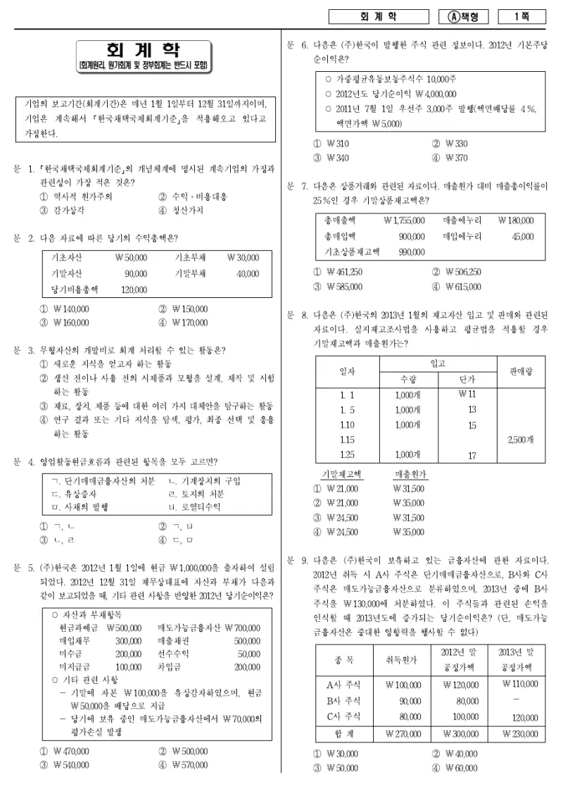9급 지방직 회계학 2013년 시험지 1쪽