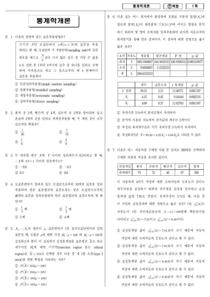 9급 국가직 통계학개론 2011년 시험지 1쪽