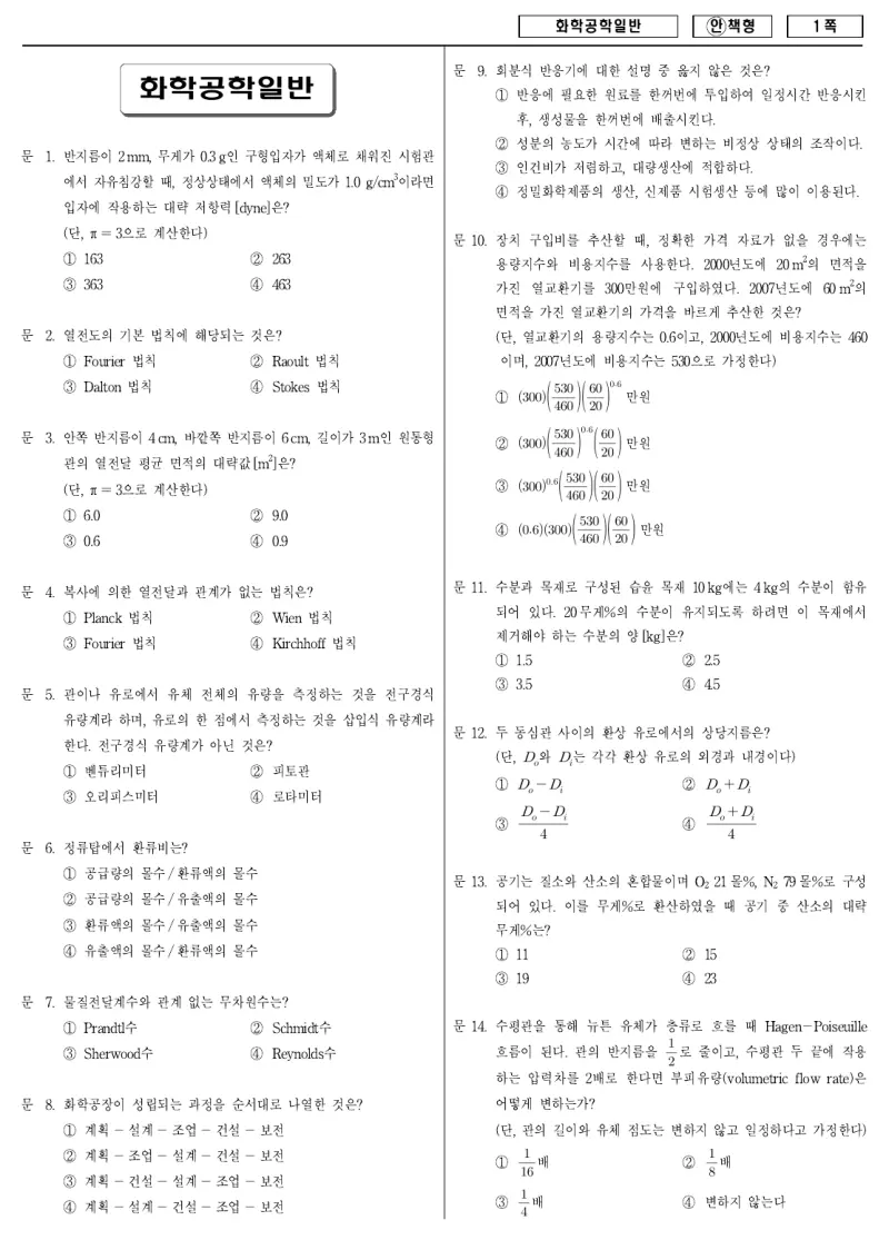 9급 국가직 화학공학일반 2008년 시험지 1쪽