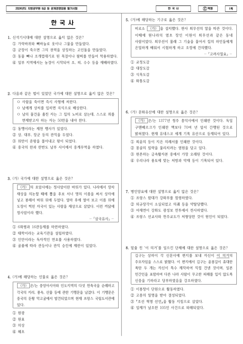 9급 지방직 한국사 2024년 시험지 1쪽