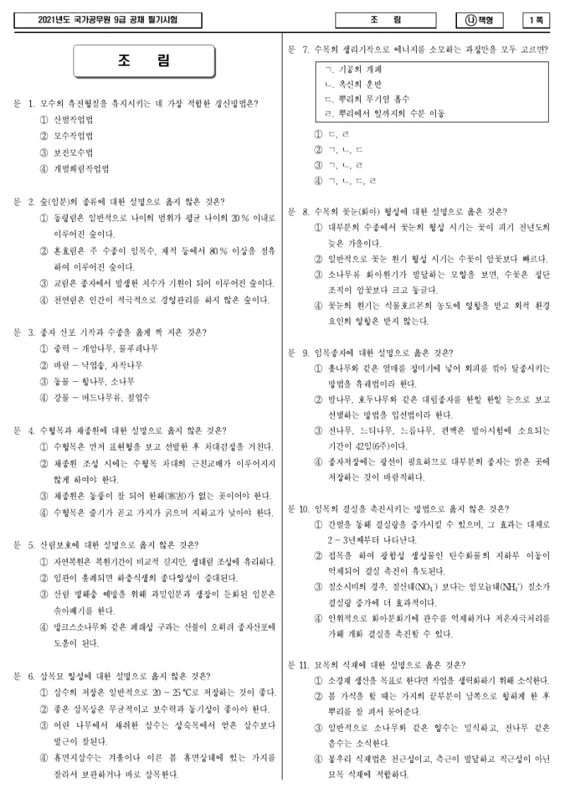 9급 국가직 조림 2021년 시험지 1쪽