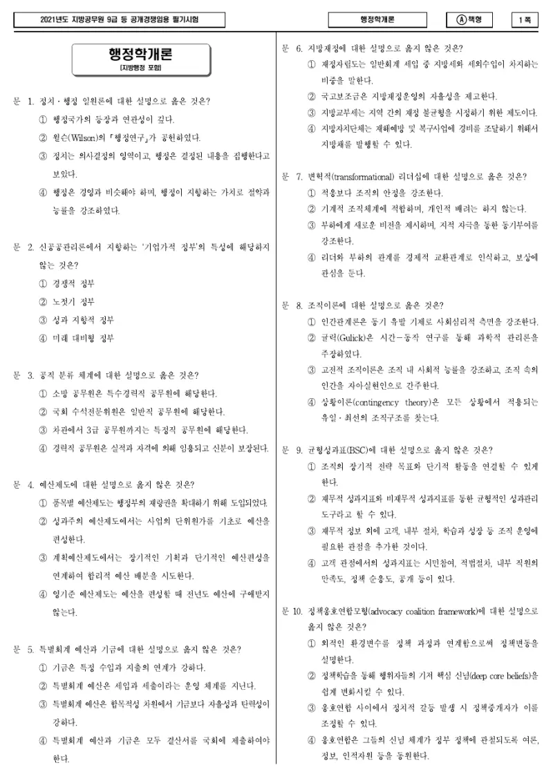 9급 지방직 행정학개론 2021년 시험지 1쪽