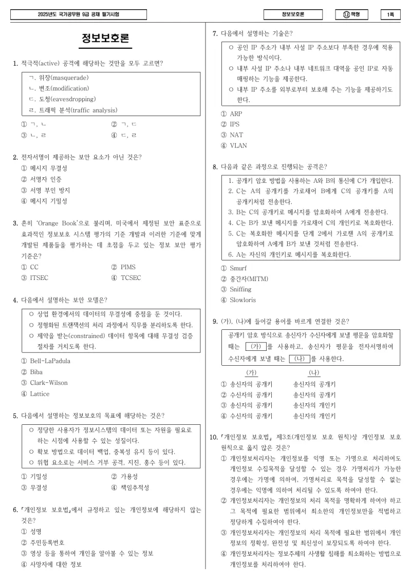 9급 국가직 정보보호론 2025년 시험지 1쪽