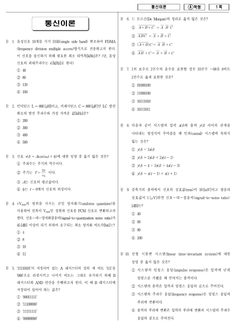 9급 지방직 통신이론 2010년 시험지 1쪽