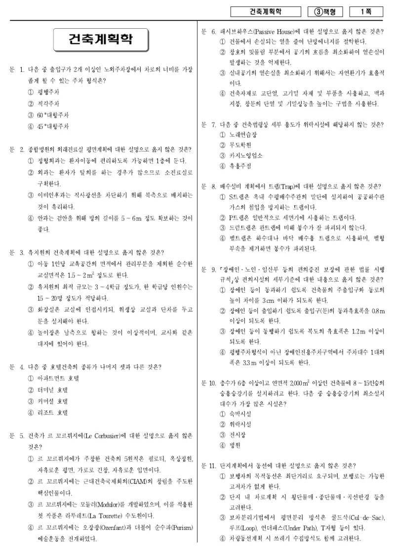 7급 국가직 건축계획학 2015년 시험지 1쪽
