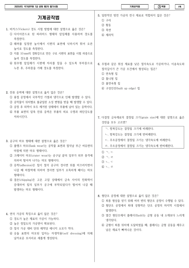 7급 국가직 기계공작법 2025년 시험지 1쪽
