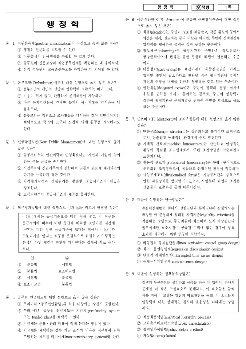 7급 국가직 행정학 2011년 시험지 1쪽