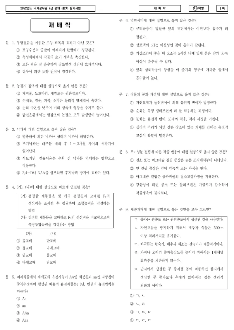 7급 국가직 재배학 2022년 시험지 1쪽