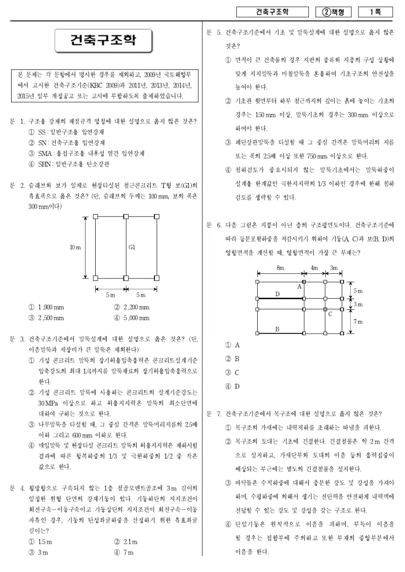 7급 국가직 건축구조학 2016년 시험지 1쪽