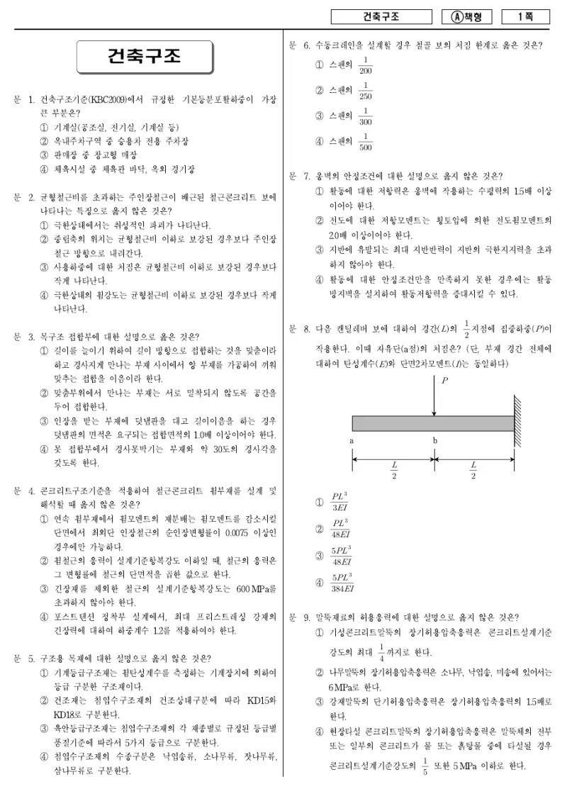 9급 지방직 건축구조 2013년 시험지 1쪽