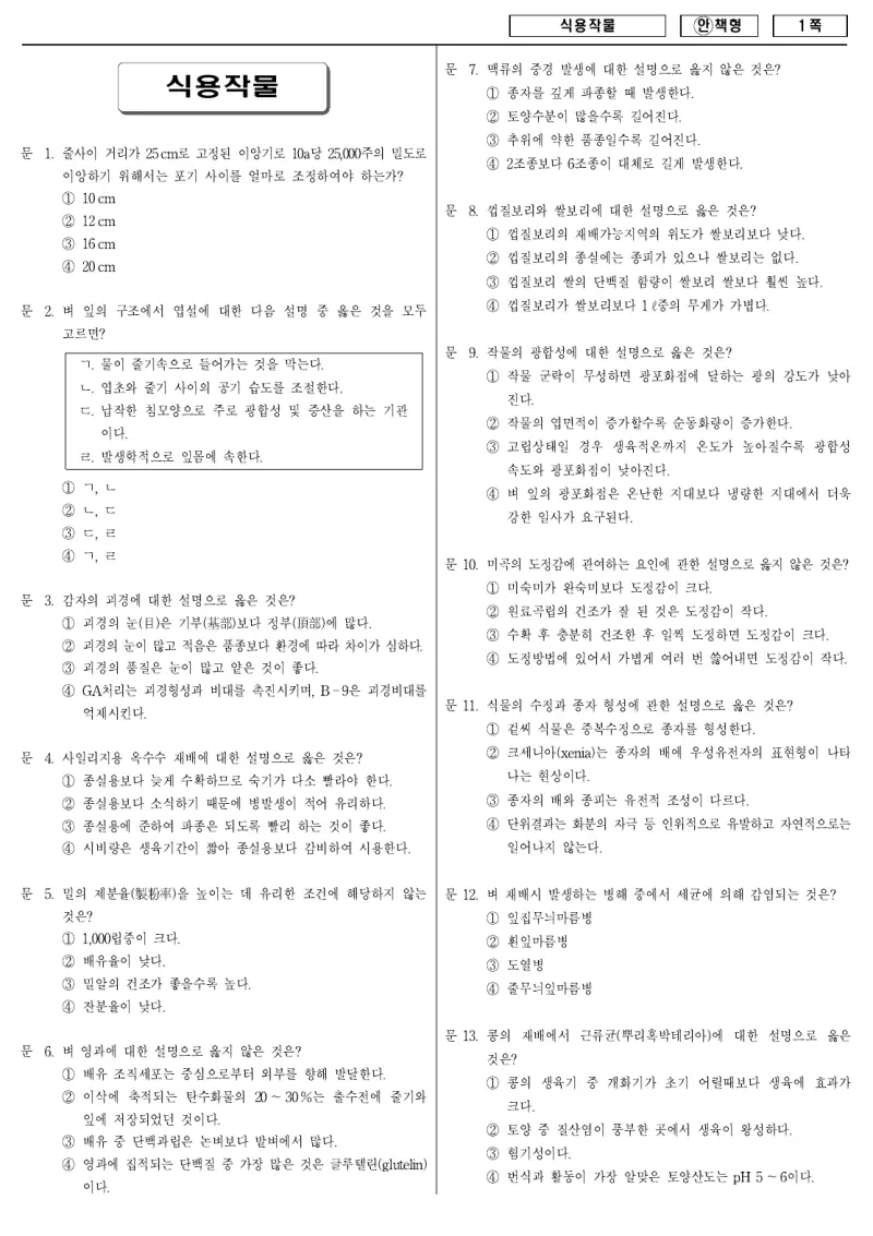 9급 국가직 식용작물 2008년 시험지 1쪽