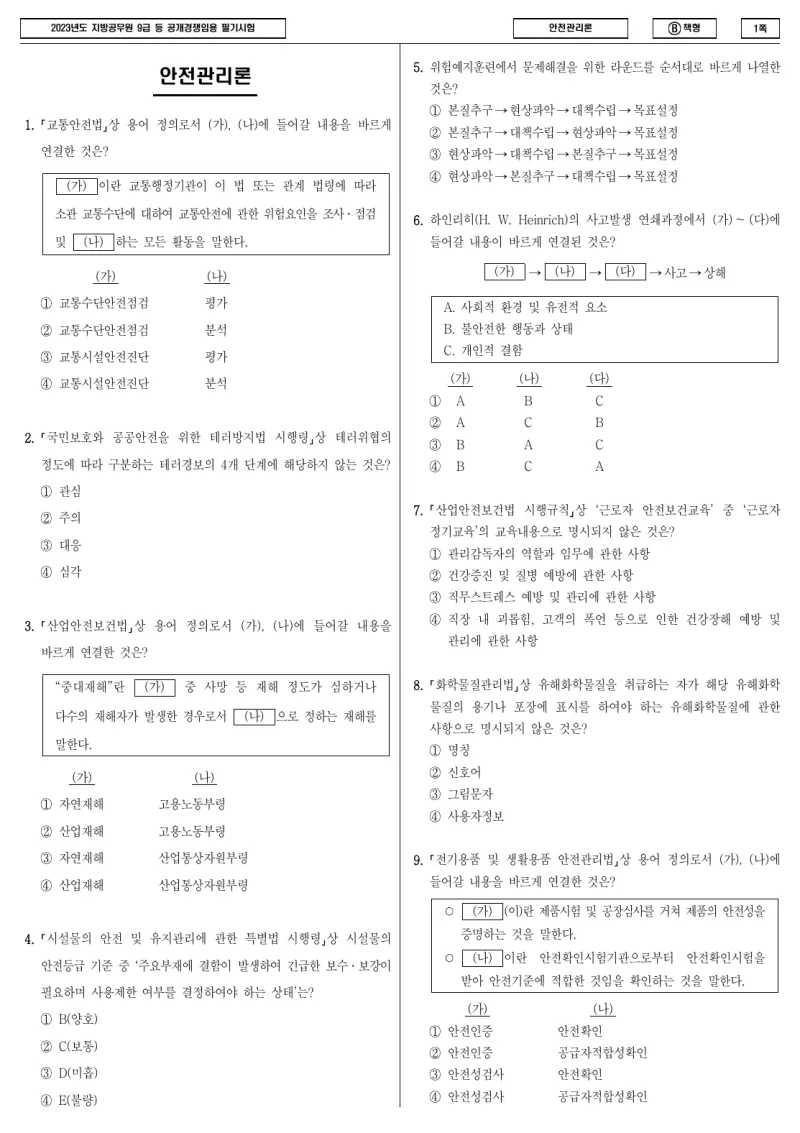 9급 지방직 안전관리론 2023년 시험지 1쪽