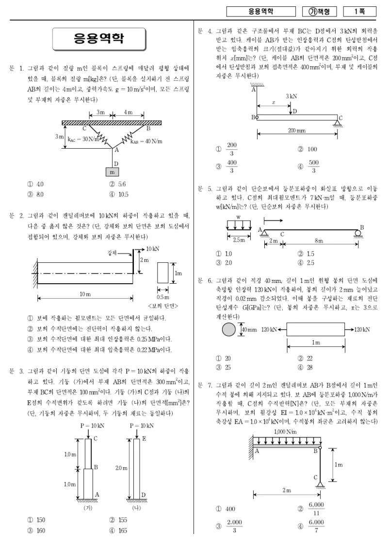 7급 국가직 응용역학 2017년 시험지 1쪽