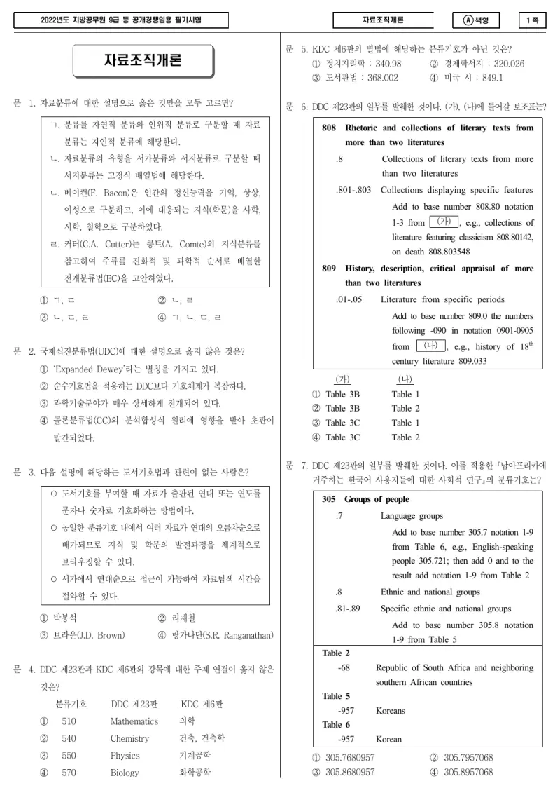 9급 지방직 자료조직개론 2022년 시험지 1쪽