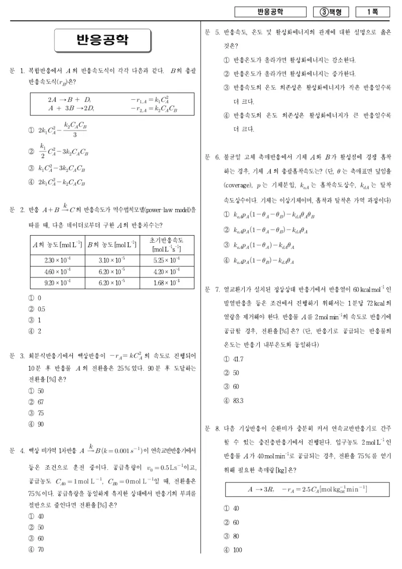 7급 국가직 반응공학 2015년 시험지 1쪽