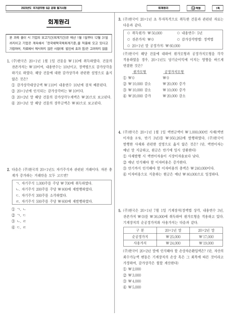 9급 국가직 회계원리 2023년 시험지 1쪽