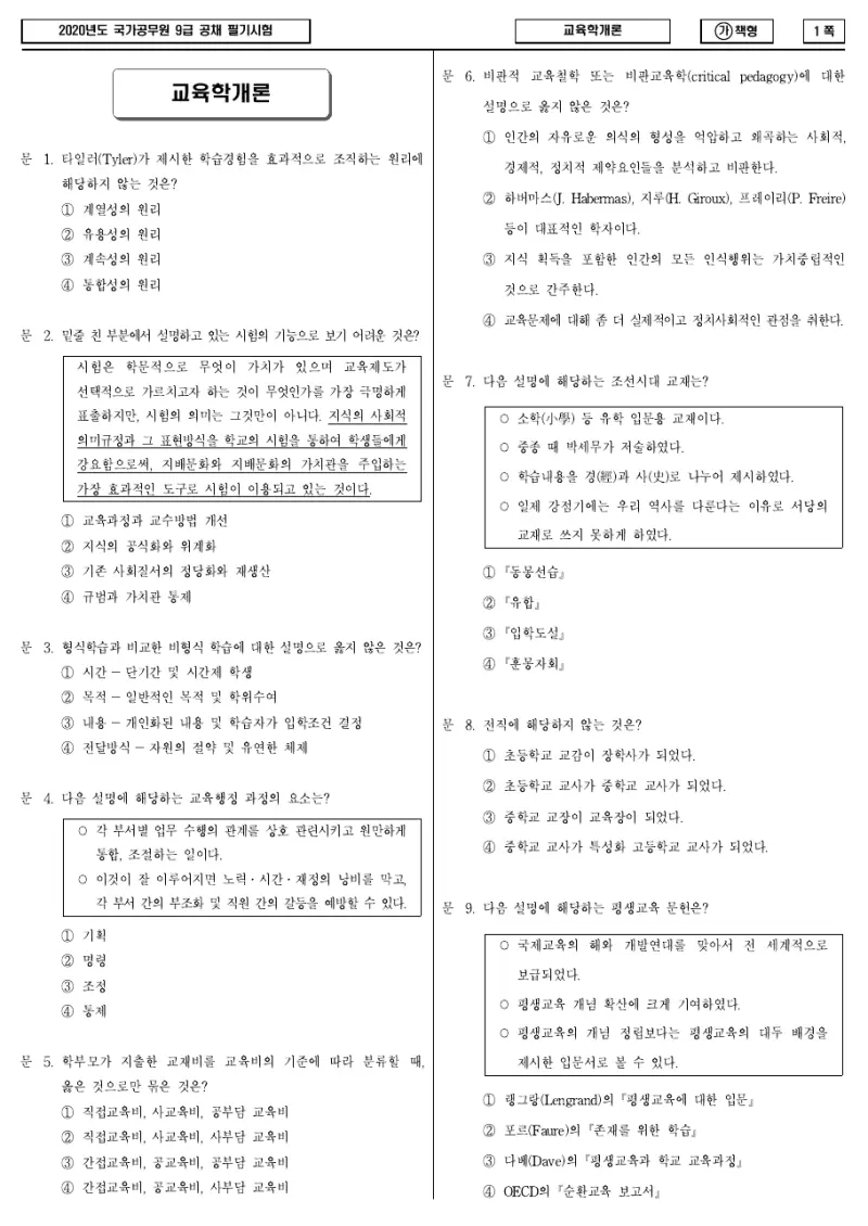 9급 국가직 교육학개론 2020년 시험지 1쪽