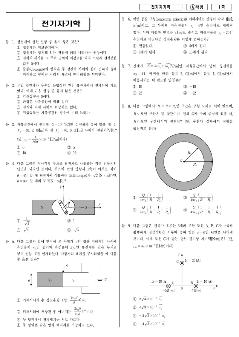7급 국가직 전기자기학 2014년 시험지 1쪽