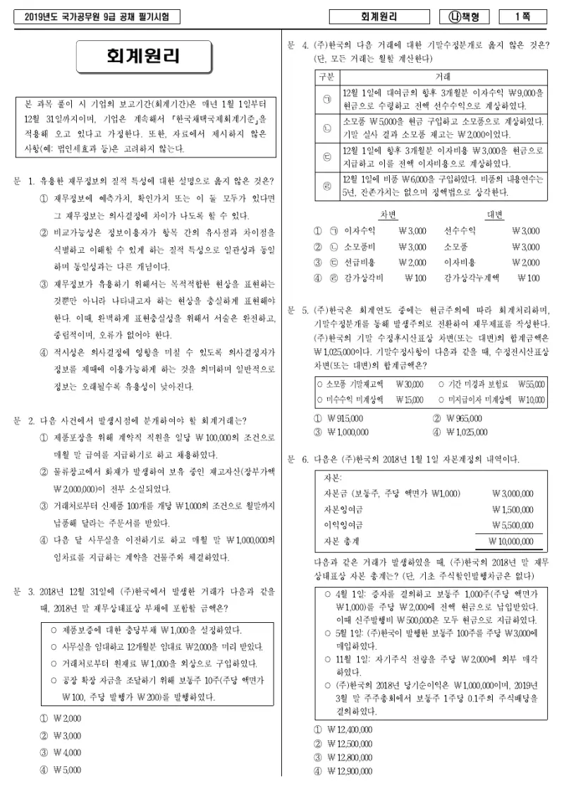 9급 국가직 회계원리 2019년 시험지 1쪽