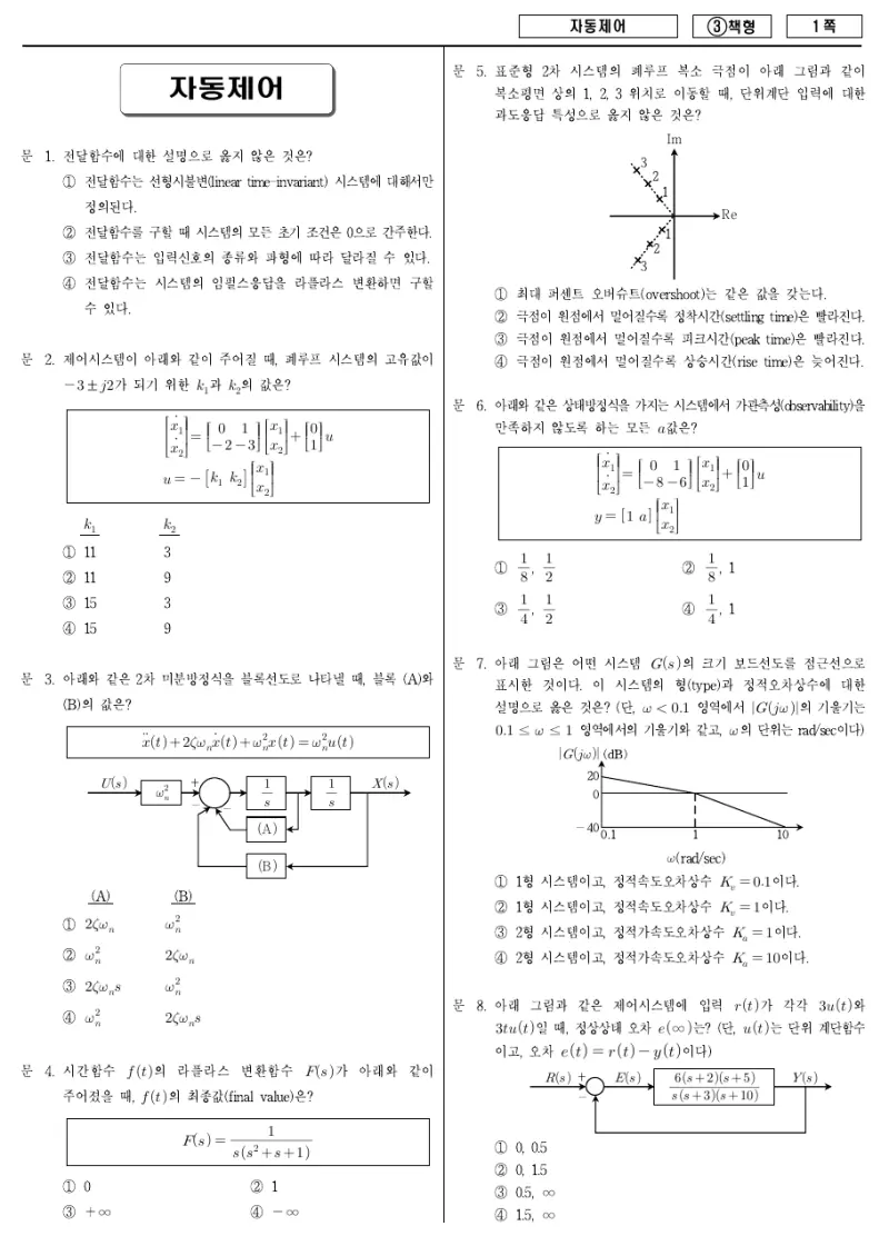 7급 국가직 자동제어 2015년 시험지 1쪽