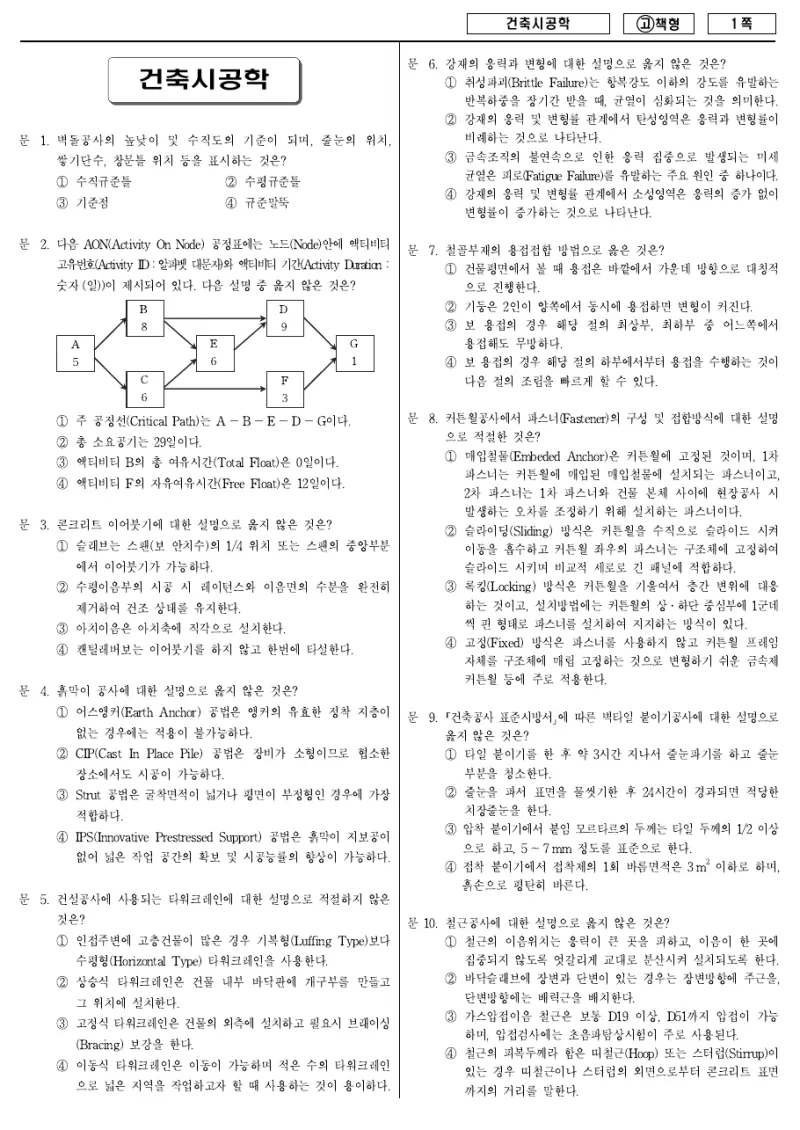 7급 국가직 건축시공학 2010년 시험지 1쪽