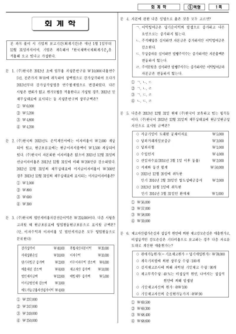 9급 국가직 회계학 2014년 시험지 1쪽