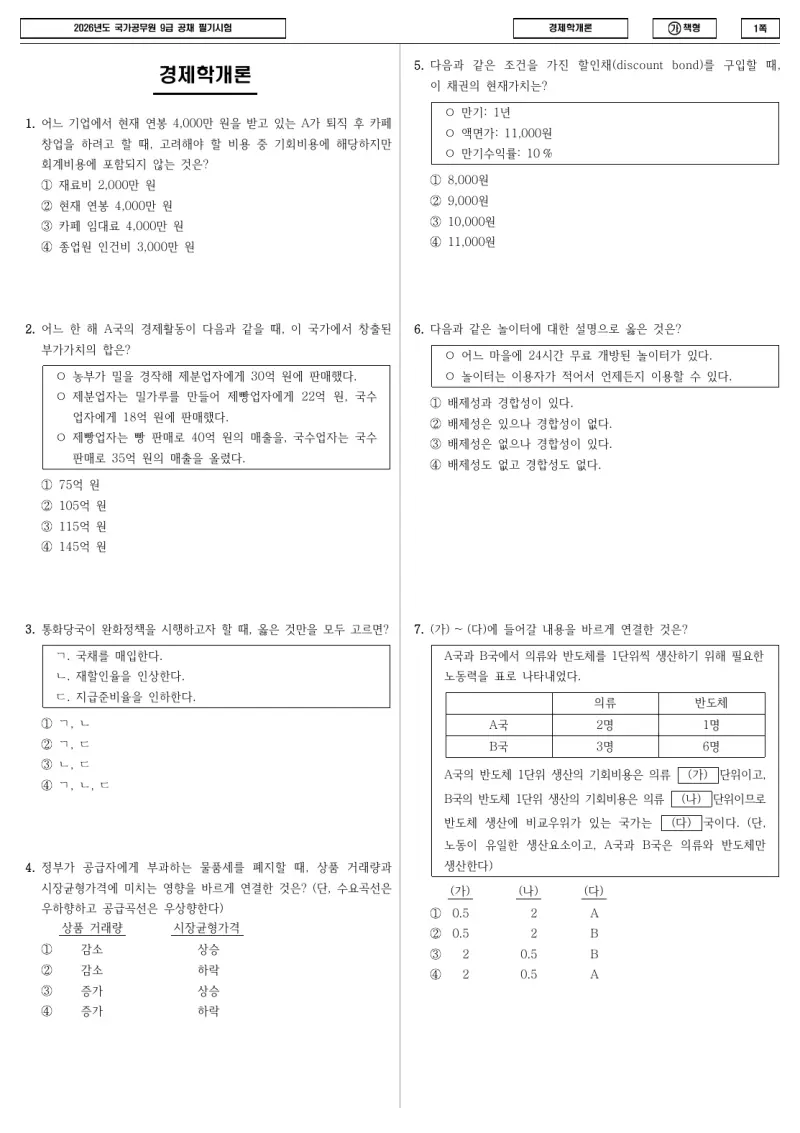 9급 국가직 경제학개론 2026년 시험지 1쪽