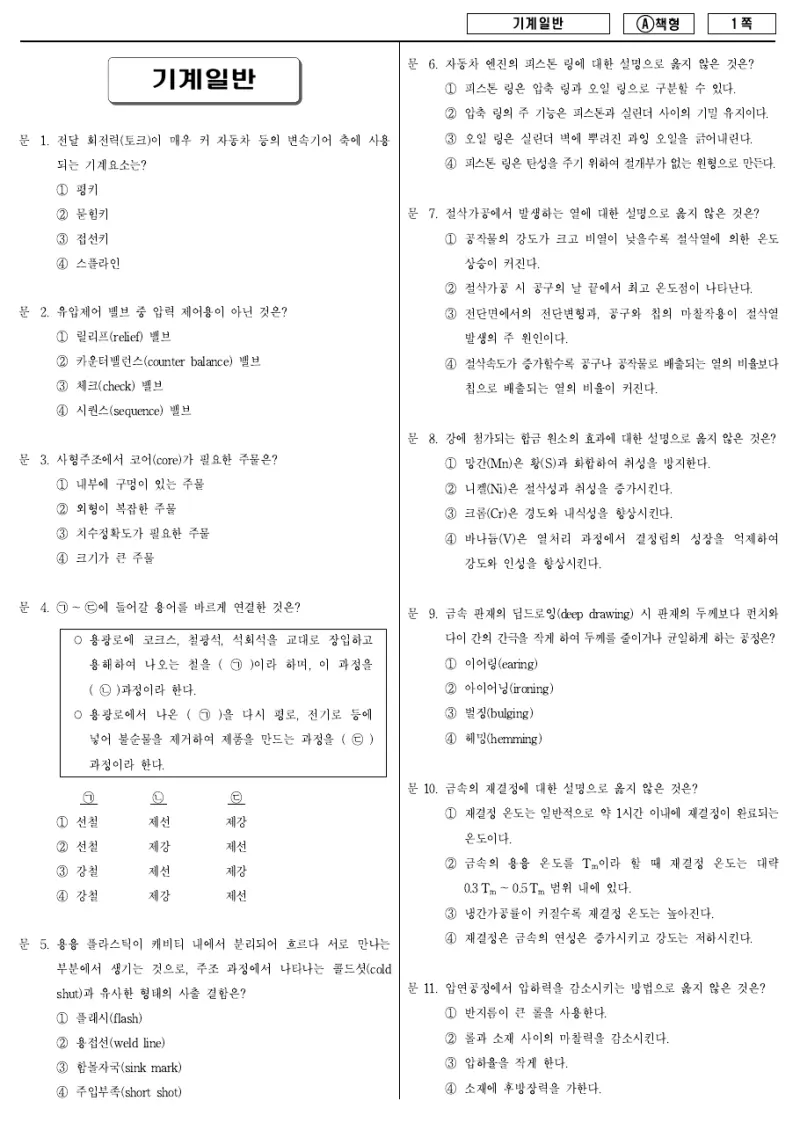 9급 지방직 기계일반 2017년 시험지 1쪽