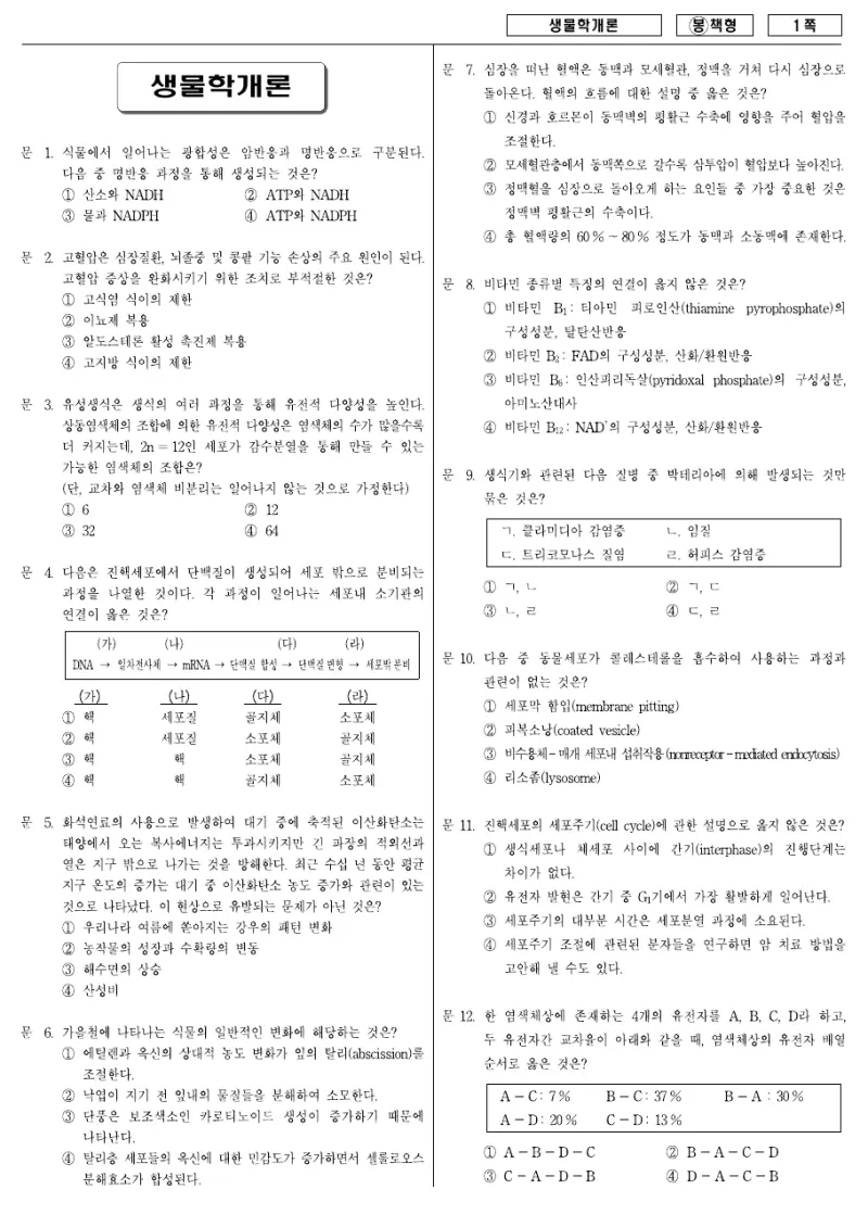7급 국가직 생물학개론 2008년 시험지 1쪽