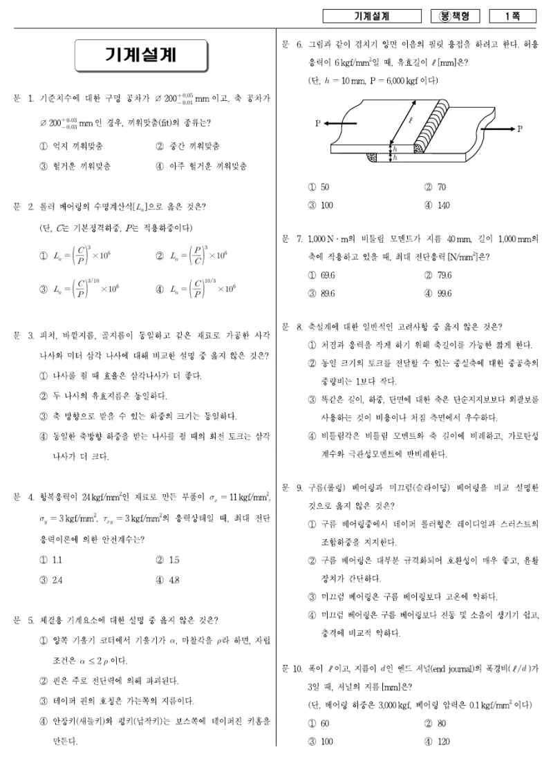 7급 국가직 기계설계 2008년 시험지 1쪽