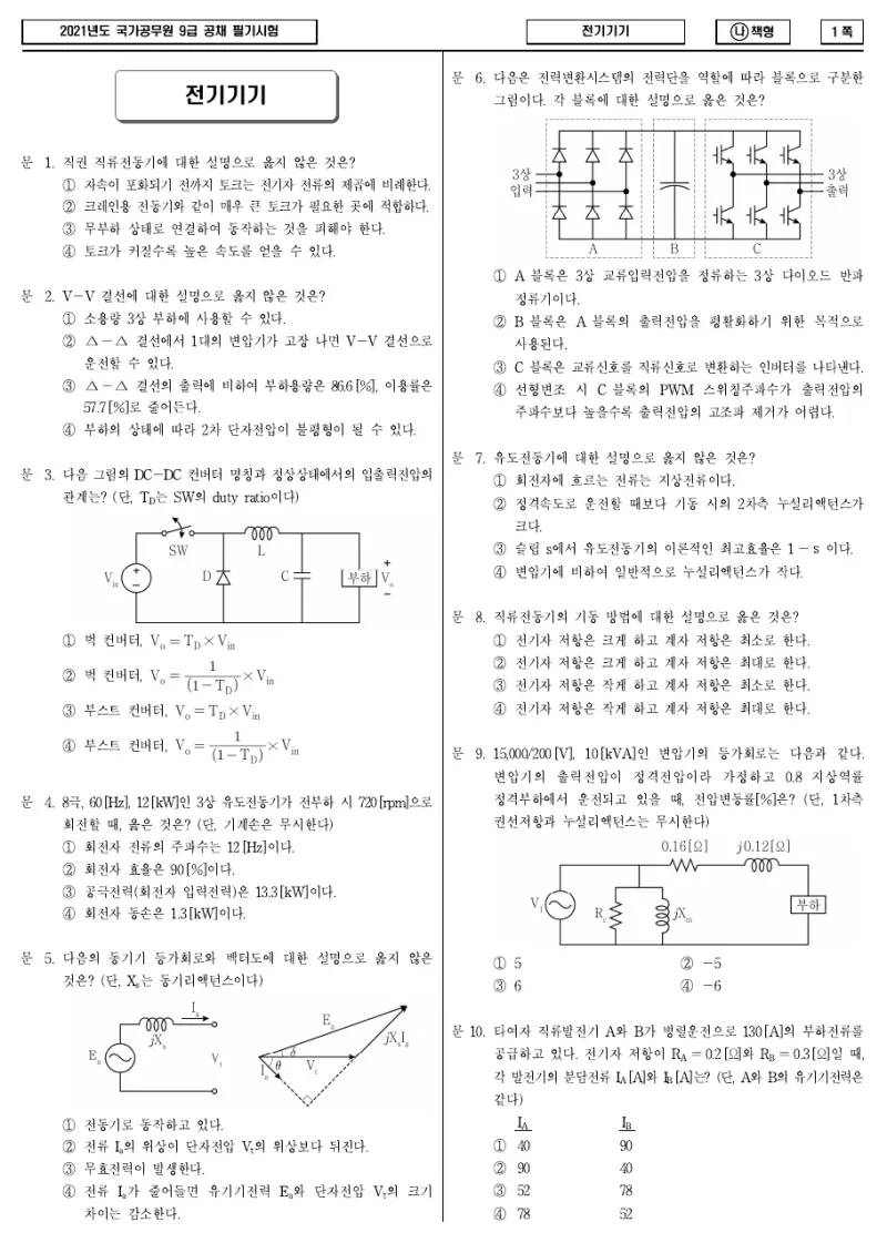 9급 국가직 전기기기 2021년 시험지 1쪽
