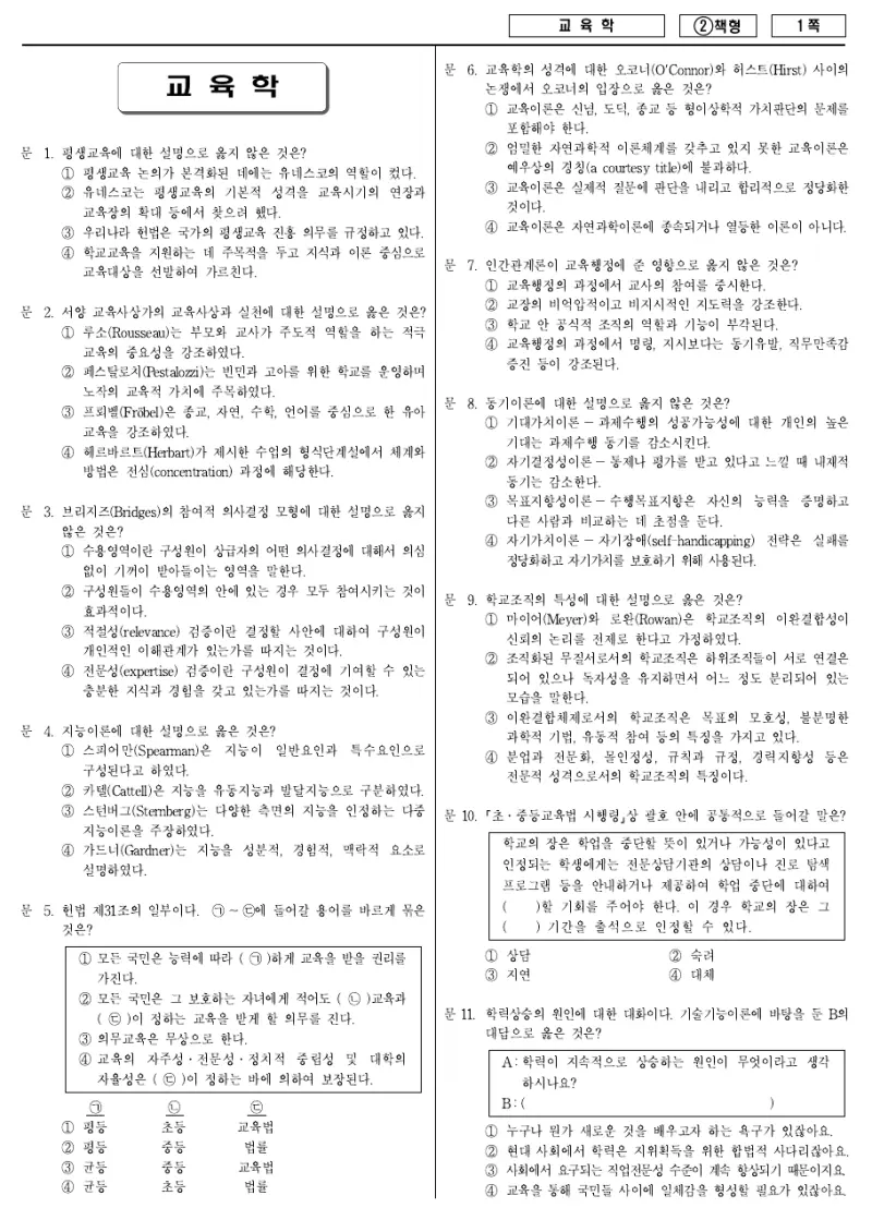 7급 국가직 교육학 2016년 시험지 1쪽