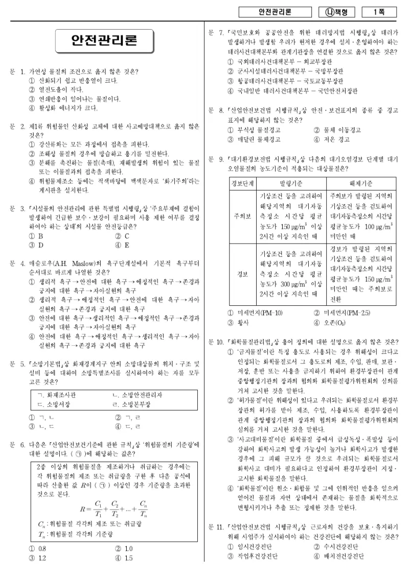 9급 국가직 안전관리론 2017년 시험지 1쪽
