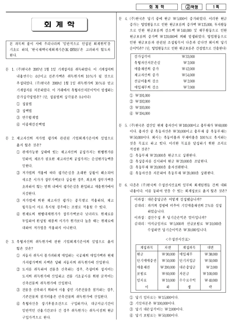 7급 국가직 회계학 2010년 시험지 1쪽