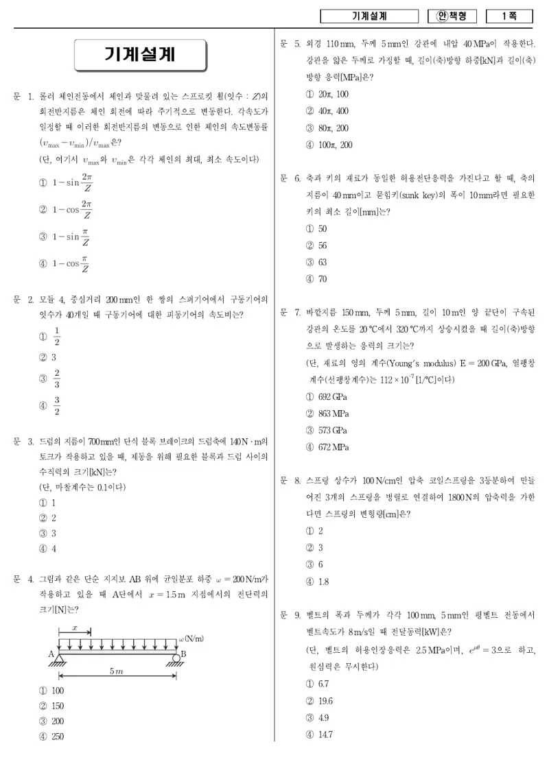 9급 국가직 기계설계 2008년 시험지 1쪽
