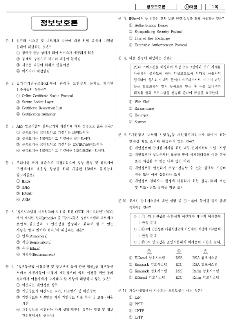 9급 국가직 정보보호론 2017년 시험지 1쪽