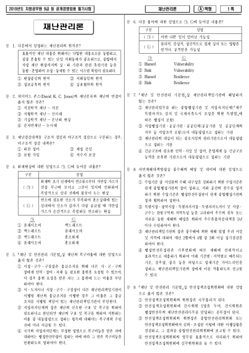 9급 지방직 재난관리론 2019년 시험지 1쪽